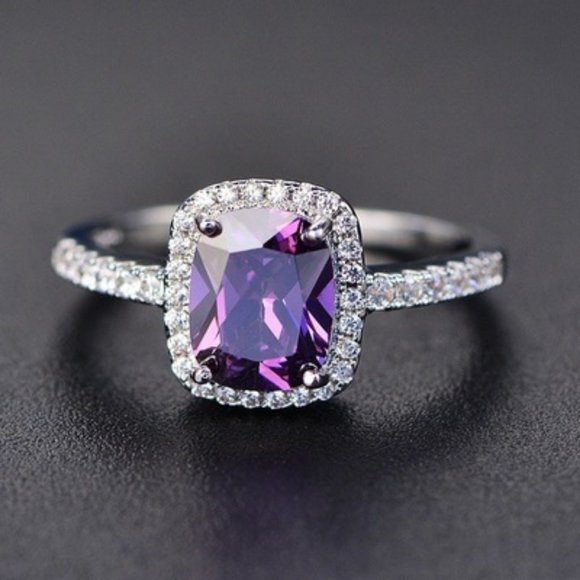 Jewelry - Purple Amethyst Rectangular Halo 925 Silver Ring